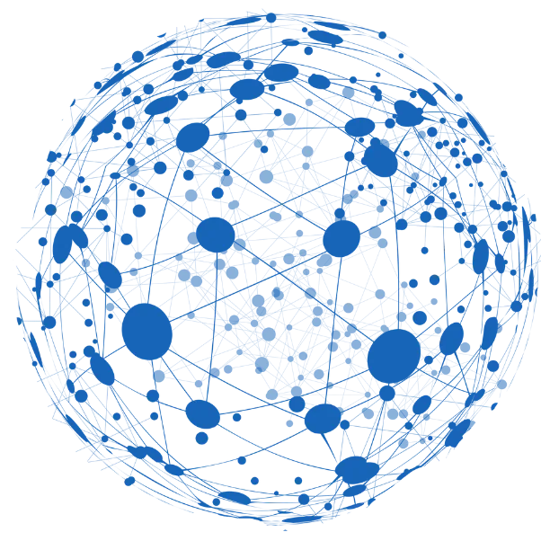 Abstraktes, blaues Netzwerksymbol in Kugelform mit verbundenen Punkten und transparentem Hintergrund.