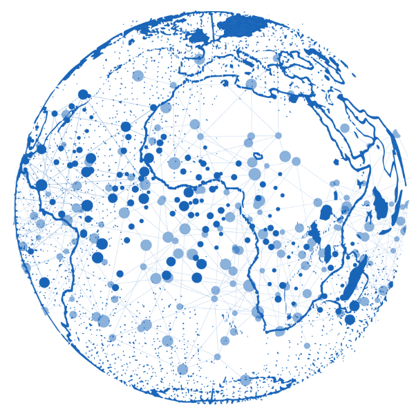 Abstraktes, blaues Netzwerksymbol in Kugelform mit verbundenen Punkten und transparentem Hintergrund. Planet Erde