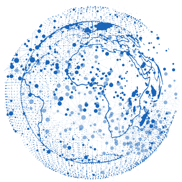 Abstraktes, blaues Netzwerksymbol in Kugelform mit verbundenen Punkten und transparentem Hintergrund.