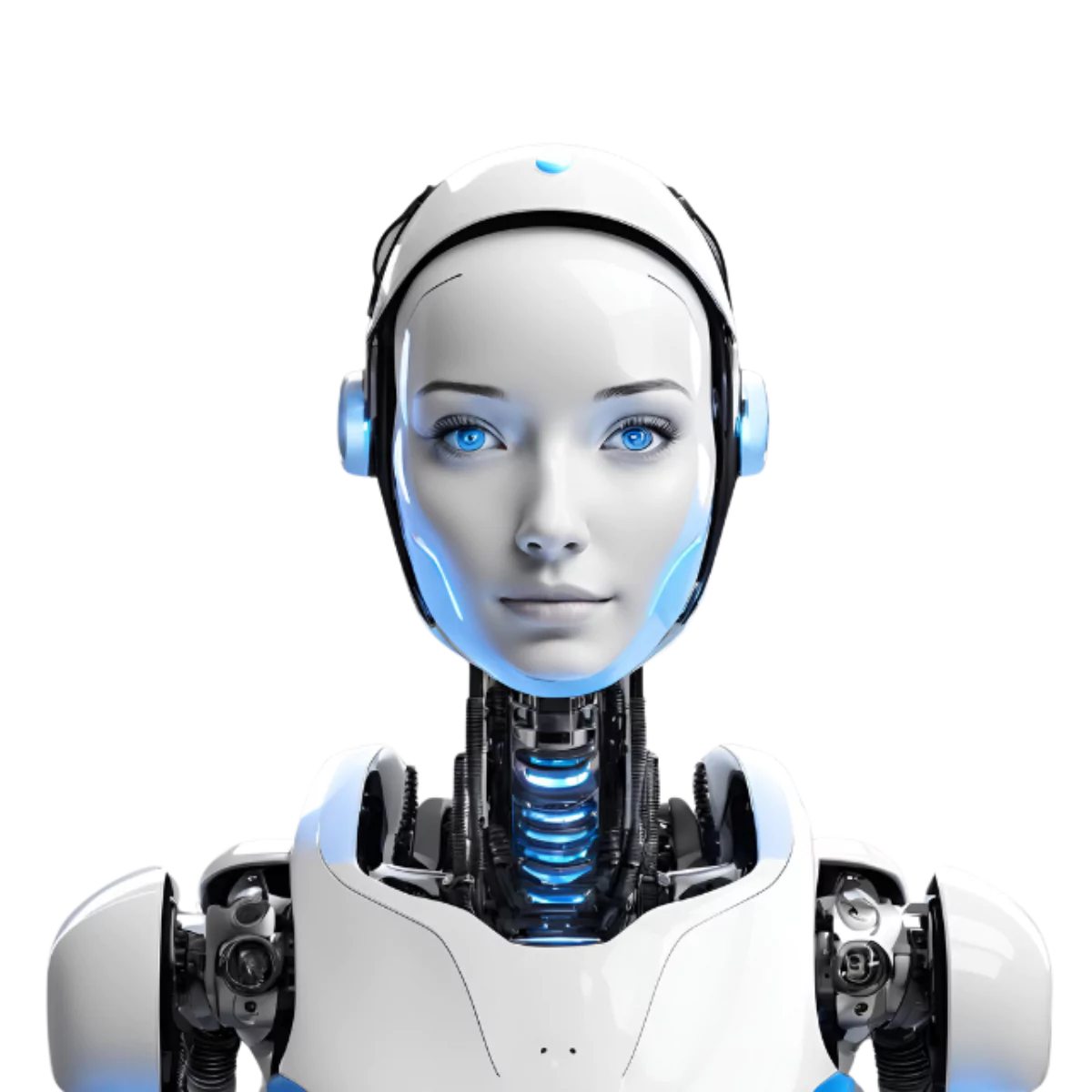 Profilbild von der Allrounderin Aida. Humanoider Roboter mit futuristischem Design, weißen und blauen Akzenten, leuchtenden blauen Augen und transparentem Hintergrund.