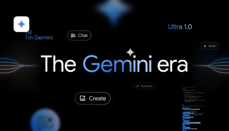 Google Gemini: Darstellung einer modernen, futuristischen Benutzeroberfläche mit dem zentralen Schriftzug 'The Gemini era'.