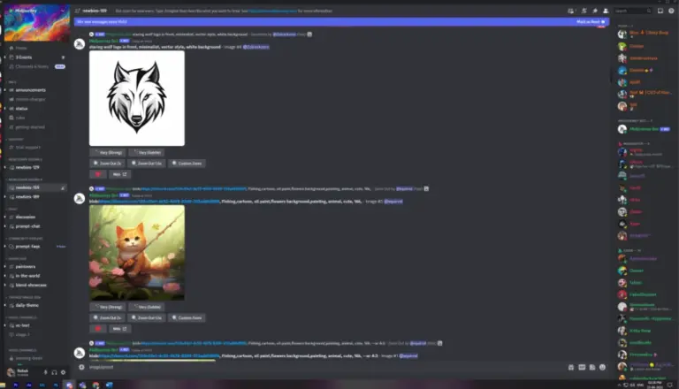 Screenshot eines MidJourney-Kanals auf Discord, in dem Benutzer mithilfe des MidJourney-Bots Bilder generieren. Zu sehen sind ein minimalistisches Wolf-Logo und ein Cartoon-Bild einer Katze in einer natürlichen Umgebung. Links ist die Kanalnavigation, rechts die Benutzerliste, und die Chatnachrichten enthalten Prompts und Bildvorschauen.