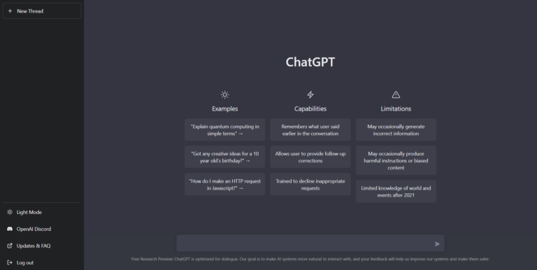 Screenshot der ChatGPT-Benutzeroberfläche mit den Bereichen "Examples", "Capabilities" und "Limitations" auf einem dunkelblauen Hintergrund