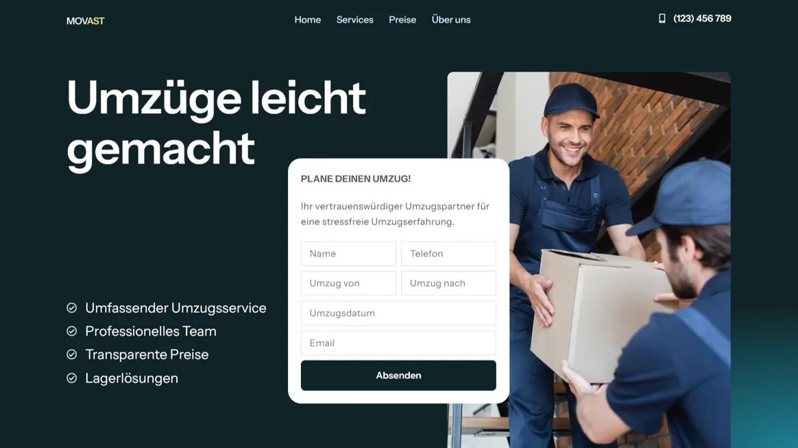 Moderne Landingpage für ein Umzugsunternehmen mit einem Online-Formular zur Umzugsplanung. Zwei Umzugshelfer in blauer Arbeitskleidung tragen Kartons und lächeln freundlich.