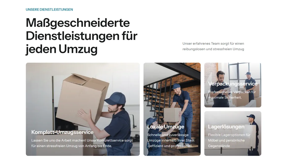 Umzugsunternehmen-Website mit verschiedenen Dienstleistungen, darunter Komplett-Umzugsservice, lokale Umzüge, Verpackungsservice und Lagerlösungen.