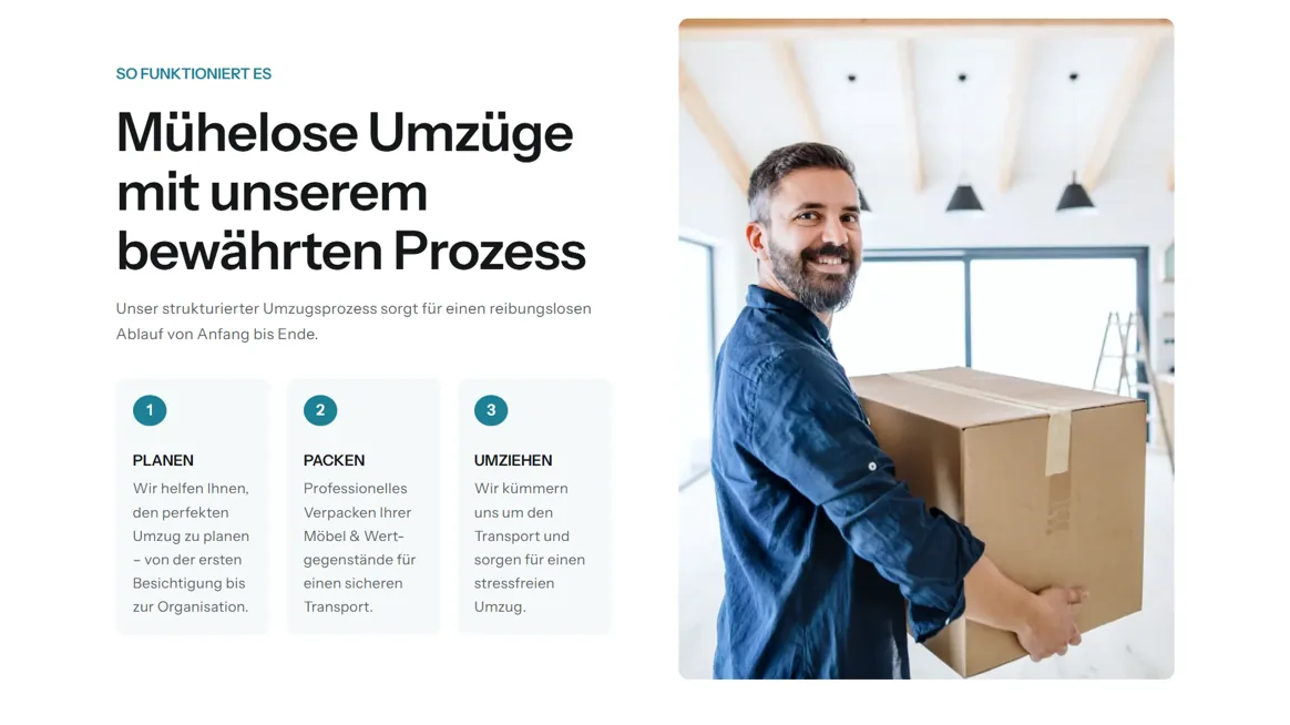 Schritt-für-Schritt-Prozess für einen reibungslosen Umzug, dargestellt in drei Schritten: Planen, Packen und Umziehen.