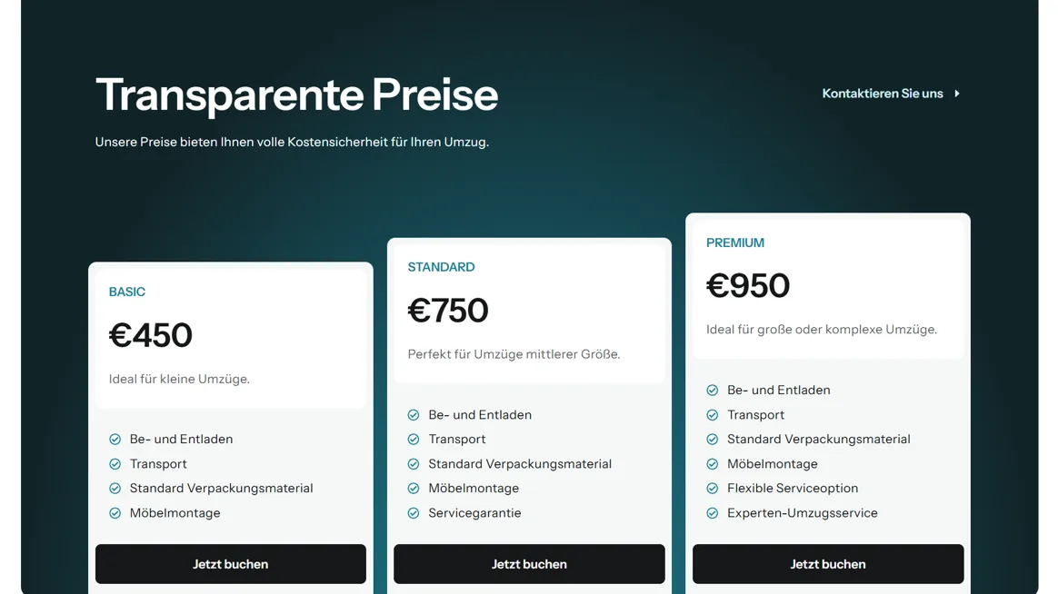 Preistabelle für verschiedene Umzugspakete mit Basic-, Standard- und Premium-Optionen.