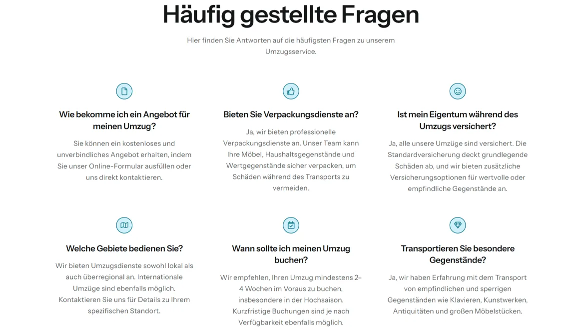 FAQ-Bereich einer Umzugs-Website mit Antworten auf häufige Fragen zu Angeboten, Versicherung und besonderen Transporten.