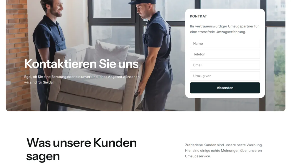 Kontaktformular auf einer Umzugsunternehmen-Webseite mit einem Bild von Umzugshelfern, die Möbel transportieren.