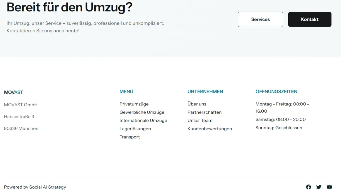 Footer-Bereich einer Umzugsservice-Website mit Kontaktinformationen, Öffnungszeiten und Menüstruktur.