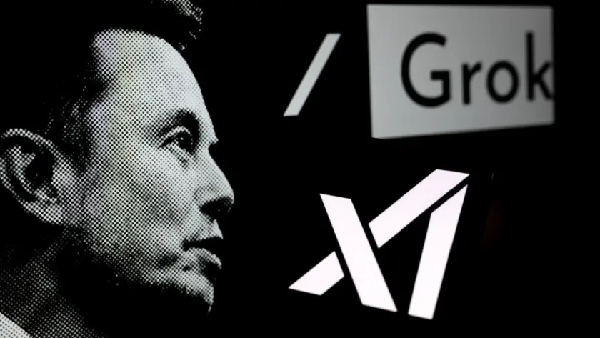 Elon Musk mit dem Logo von Grok 3