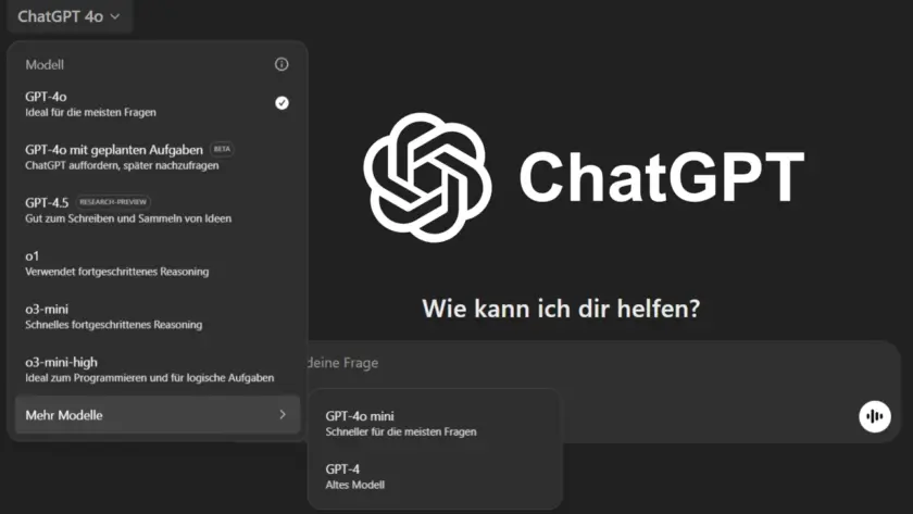 ChatGPT-Benutzeroberfläche mit Auswahl verschiedener KI-Modelle wie GPT-4o, GPT-4.5 und o1.