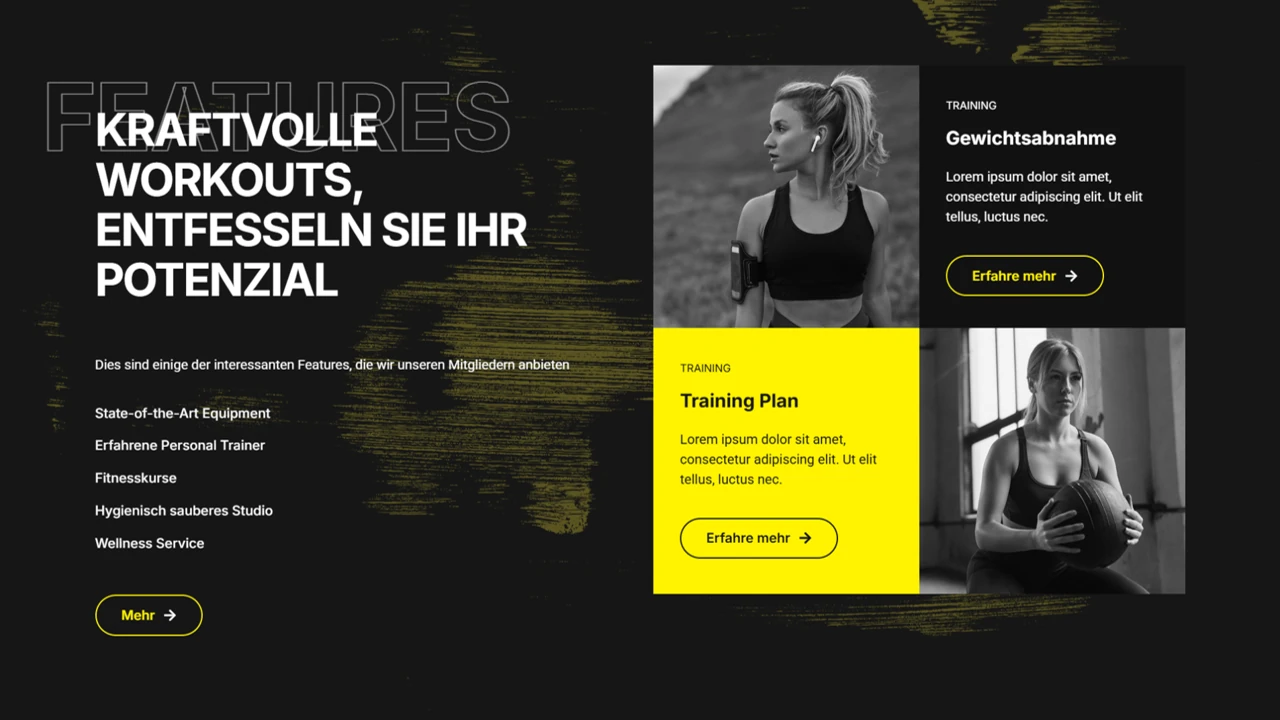 Feature-Bereich mit Trainingsplan und Gewichtsabnahme-Angeboten im Fitnessstudio