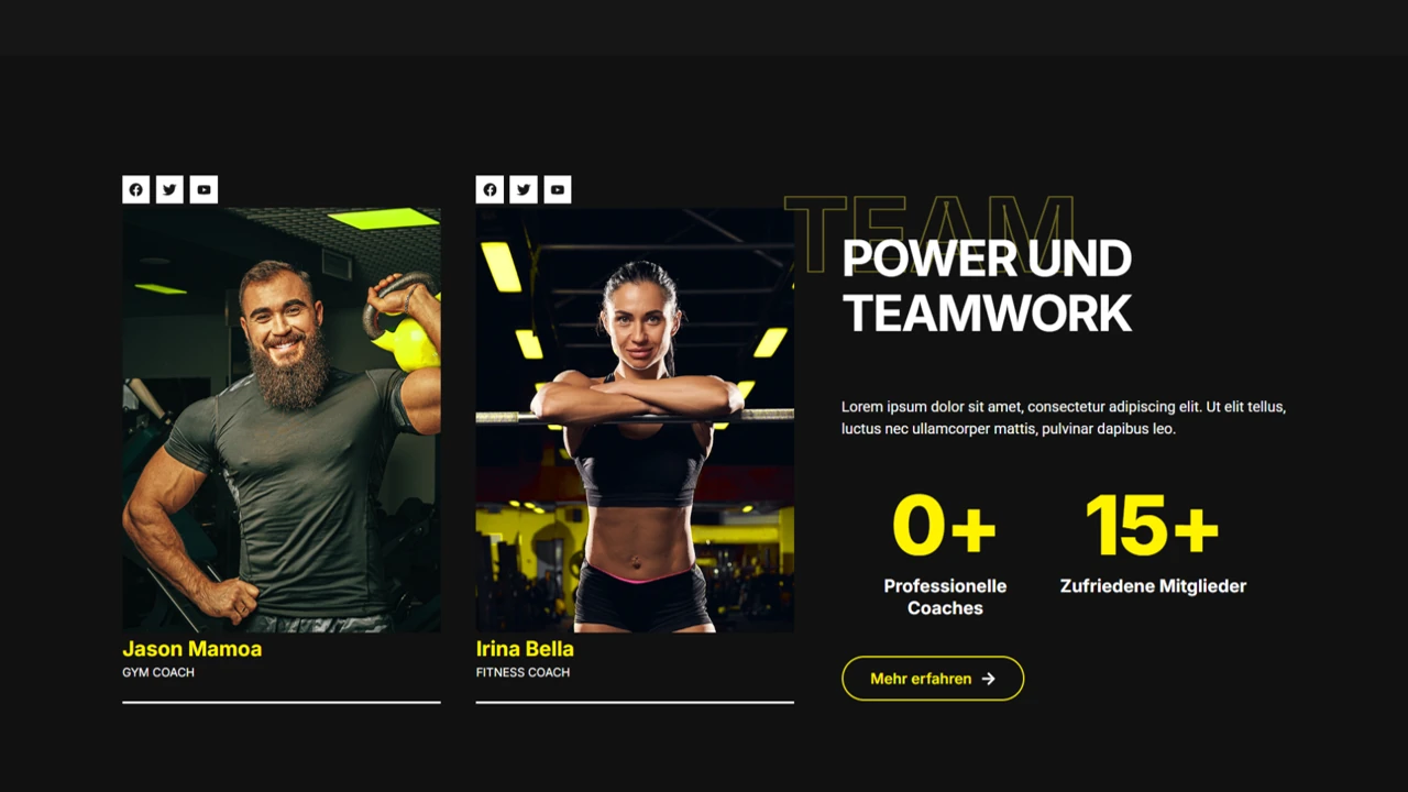 Zwei Fitnesscoaches präsentieren das Trainerteam des Studios