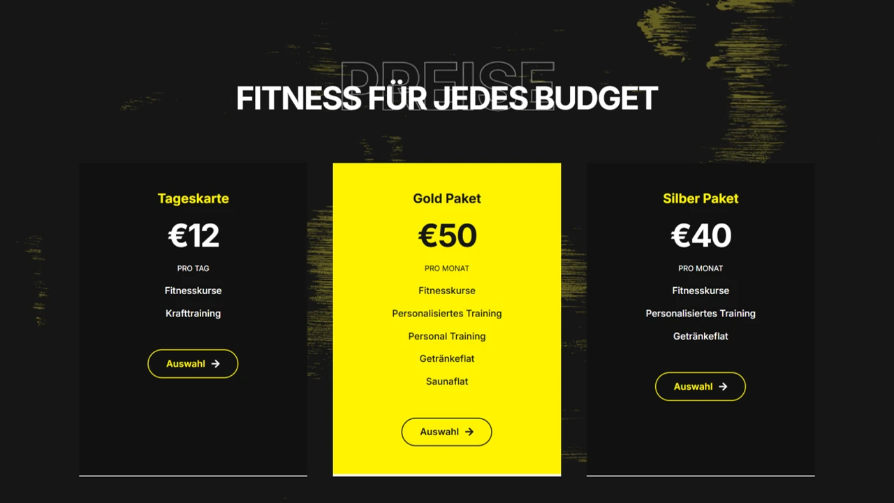 Preistabelle mit Tageskarte, Silber- und Goldpaket für Mitgliedschaften