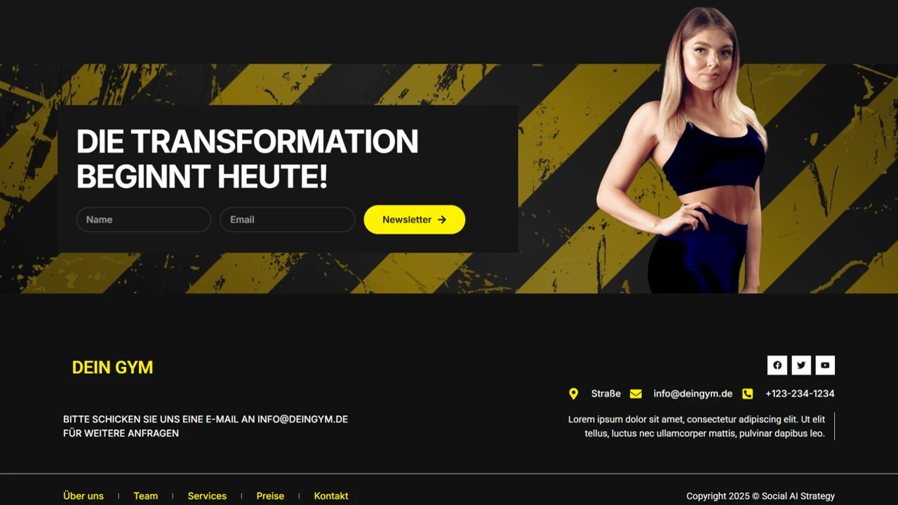 Call-to-Action für Newsletter-Anmeldung mit Frau in Sportkleidung vor gelbem Hintergrund
