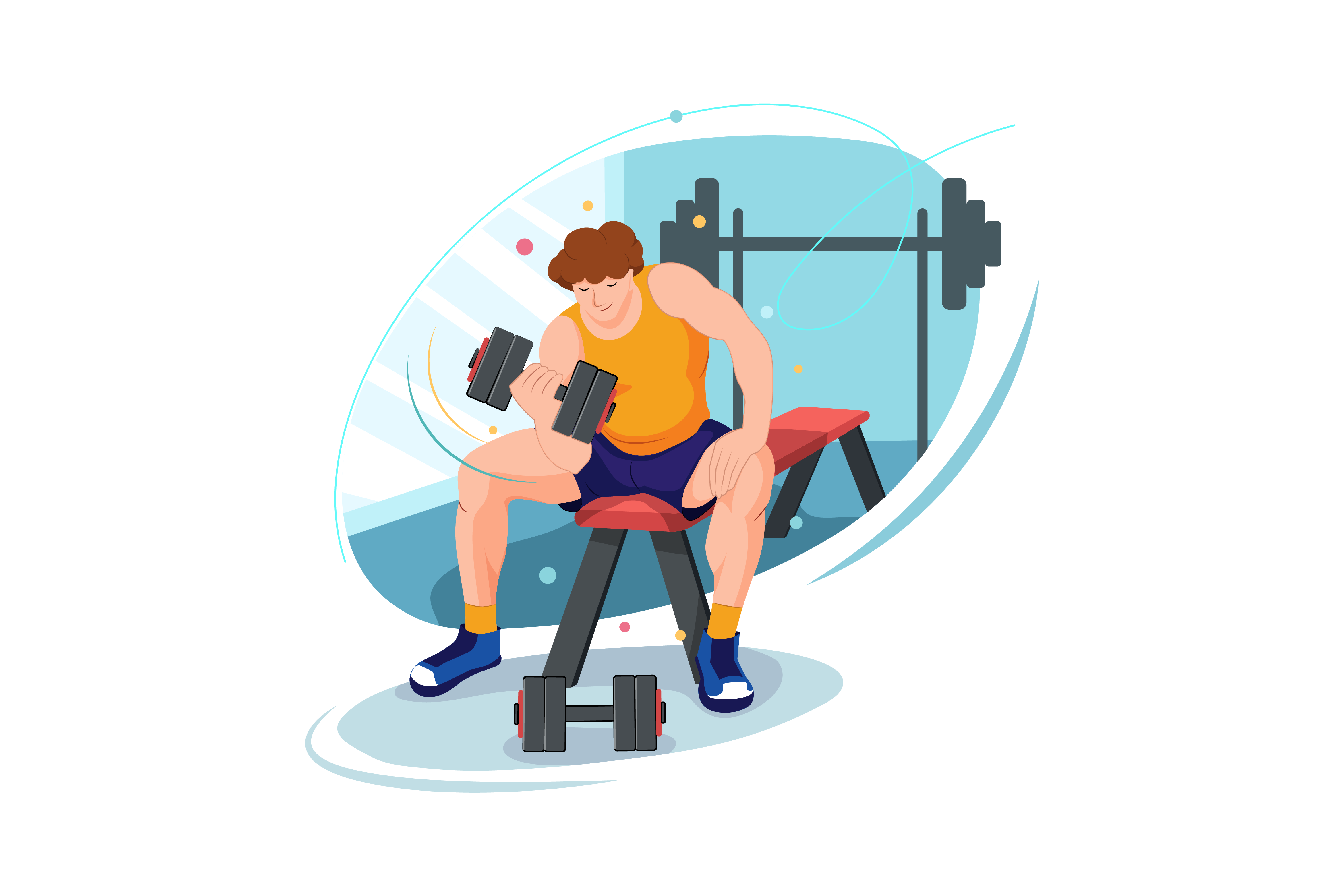 Ein sportlicher Mann hebt eine Hantel im Fitnessstudio, sitzt auf einer Trainingsbank, im Hintergrund eine Langhantelstation.