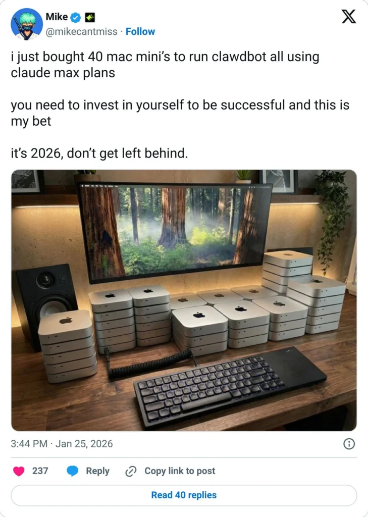 Mehrere Mac minis als dediziertes Setup für den Betrieb autonomer KI-Agenten wie Moltbot