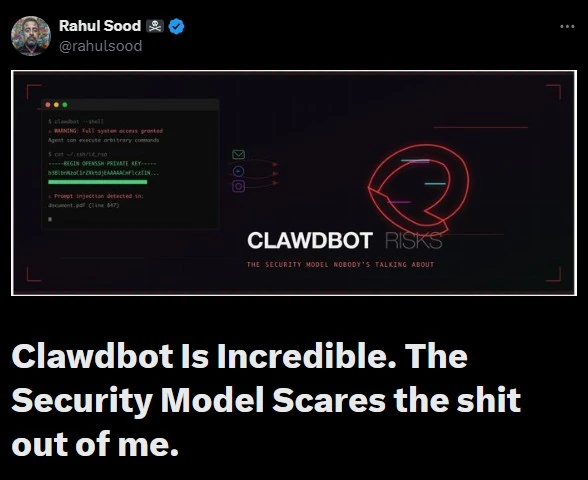 Hinweis auf Sicherheitsrisiken bei autonomen KI-Agenten wie Moltbot, insbesondere Prompt Injection und Systemzugriff