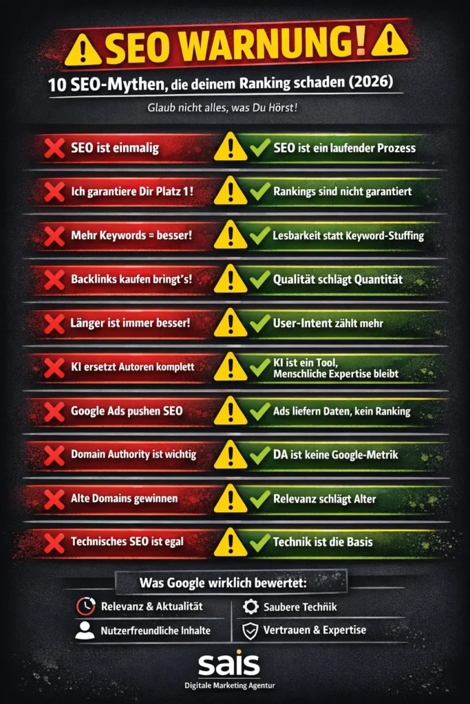 SEO Warnung Infografik mit 10 SEO-Mythen und der Google-Realität 2026