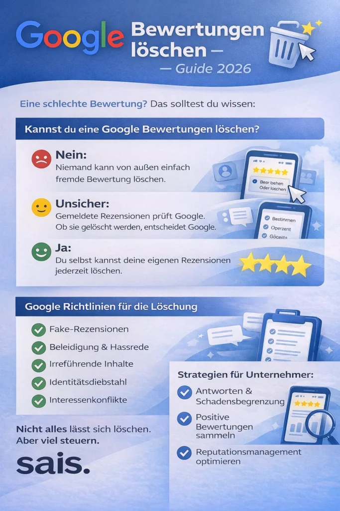 Infografik zum Thema Google Bewertungen löschen – Übersicht zu Löschmöglichkeiten, Google-Richtlinien und Strategien für Unternehmen mit SAIS Logo