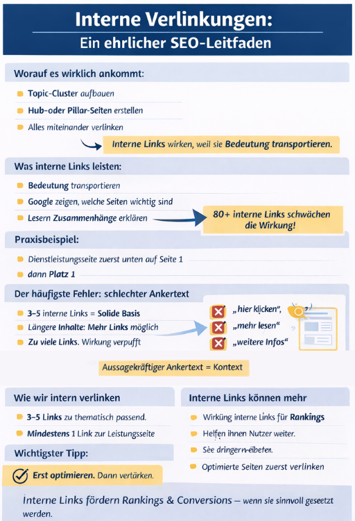 Infografik zur internen Verlinkung: optimale Anzahl interner Links, Bedeutung von Ankertexten und Einfluss auf SEO und Conversions