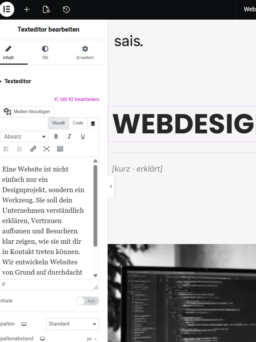 Bearbeitung einer WordPress-Webseite im Editor mit Webdesign-Layout und strukturiertem Textaufbau