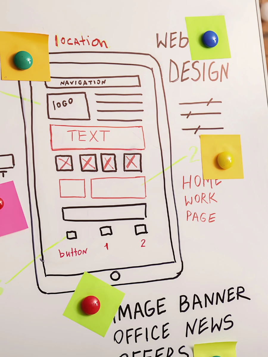Skizzierter Website-Wireframe mit Seitenstruktur, Navigation und Inhaltsbereichen für modernes Webdesign