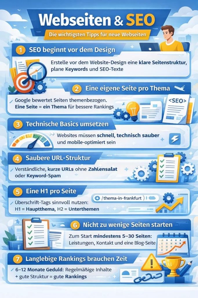 Infografik mit den wichtigsten SEO-Tipps für neue Webseiten – von Seitenstruktur über H1-Tags bis Ladezeit und Rankings