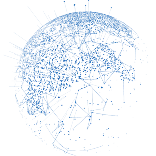 Transparente Illustration einer blauen digitalen Netzwerksphäre, bestehend aus verbundenen Punkten und Linien, die ein globales Netzwerk darstellen